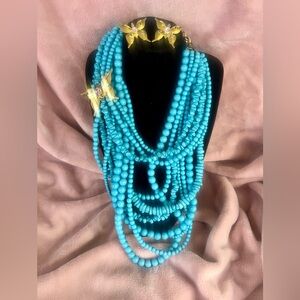 Sassy Jones Multi Strand “Lola” Necklace and Earring Set - Lt Blue/Turq Color